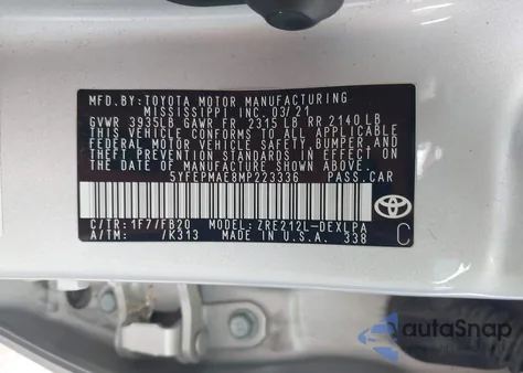 2021 Toyota Corolla Le из США, поврежденный, VIN 5YFEPMAE8MP223336